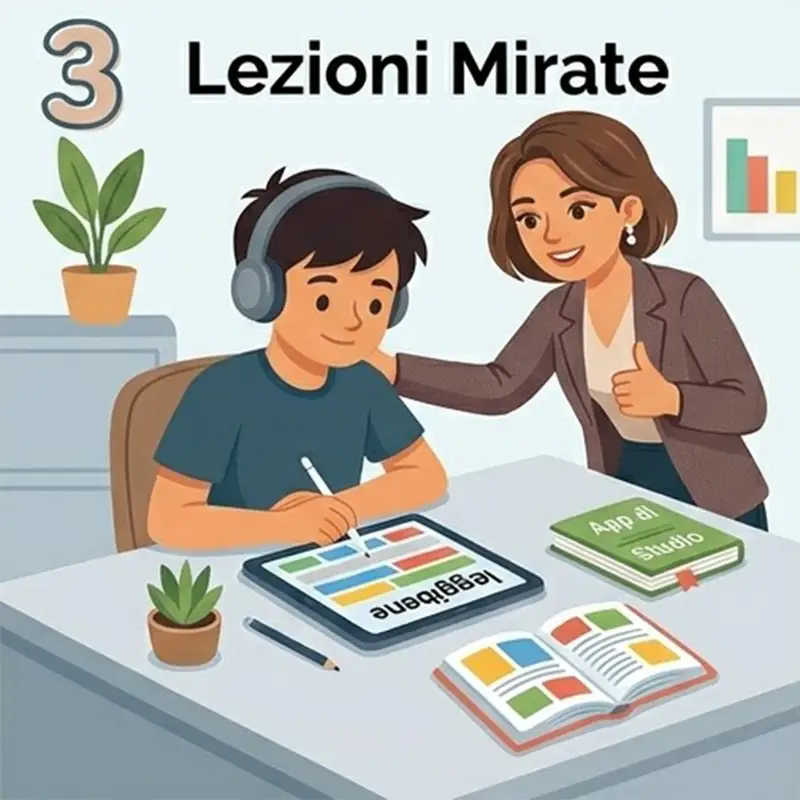 Lezioni mirate per studenti con DSA ADHD autismo e BES Tutor che segue studente con DSA ADHD autismo BES durante lezione personalizzata